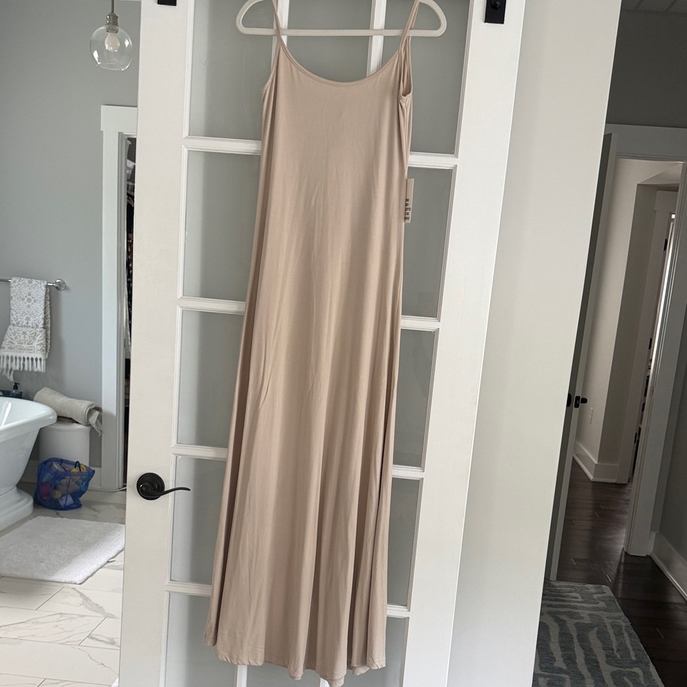 Neutral Beige Maxi Slip Dress with Spaghetti Straps